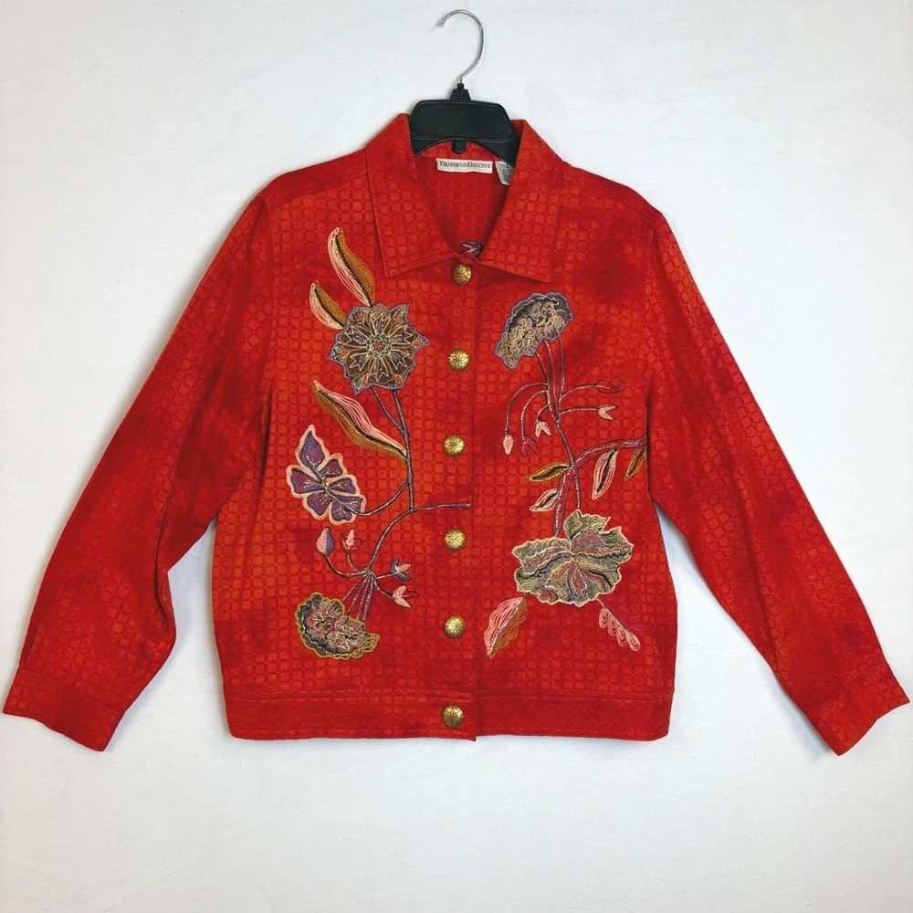 Vintage Drapers & Damons Red Floral Embroidered Button Front Jacket Large Loud‎